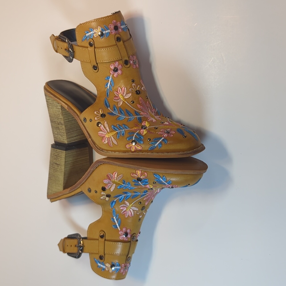 Floral Embroidery Buckled Backless Ankle Boots Size 9 - Picture 8 of 14